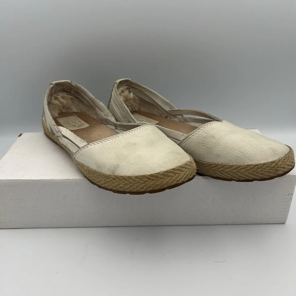 UGG Cicily Cream Leather‎ Shearling Lined Espadrille Flats Ladies 6M